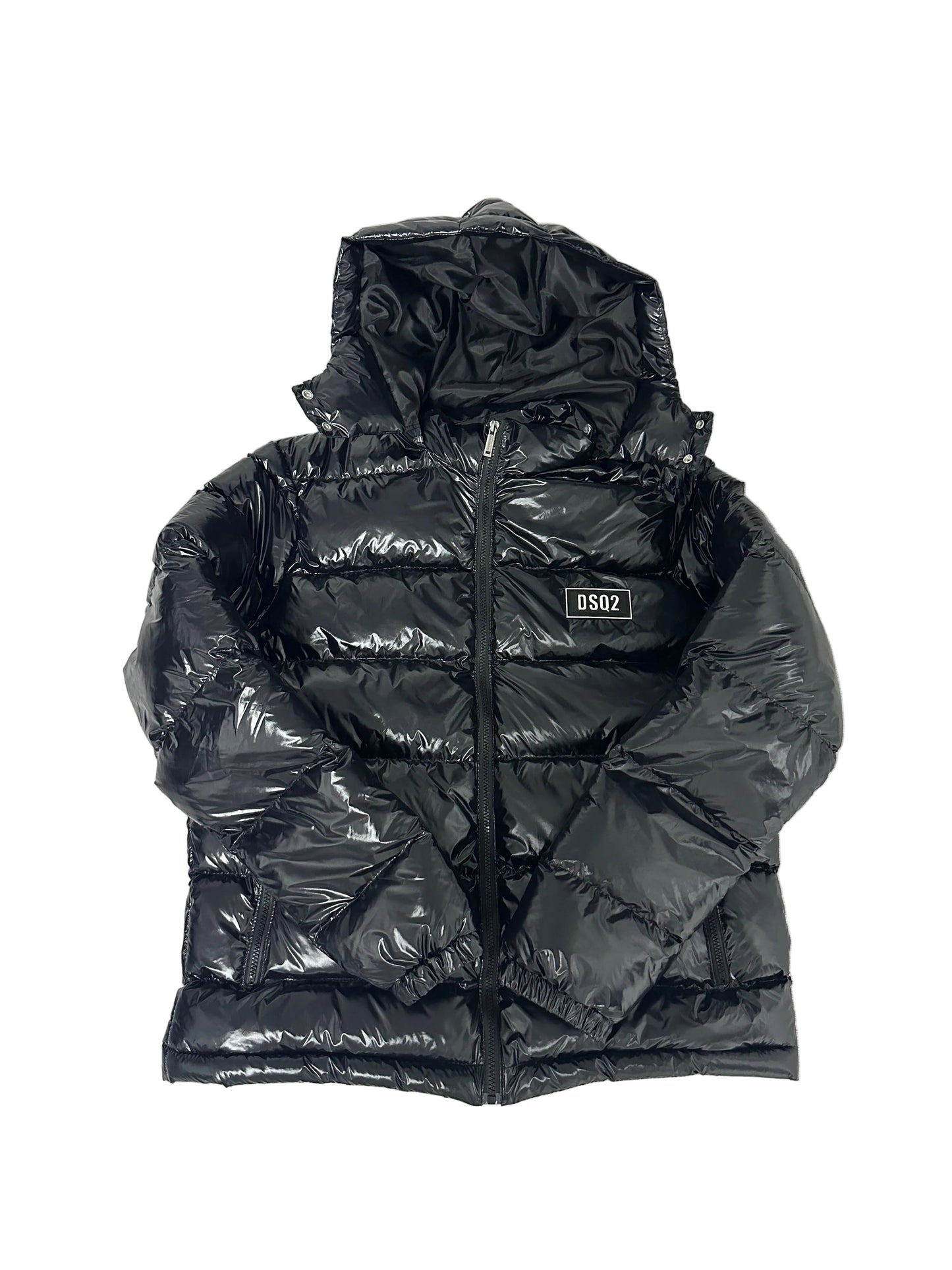 Geaca DSQ2 neagră lucioasă cu glugă