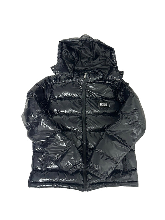 Geaca DSQ2 neagră lucioasă cu glugă